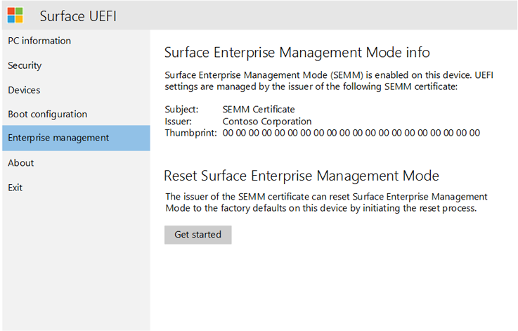 Страница управления Surface UEFI Enterprise.