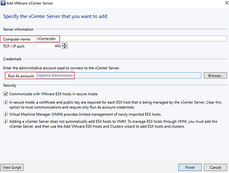Снимок экрана: страница с указанием страницы сервера vCenter.