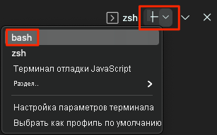 Снимок экрана выбора оболочки Bash в Visual Studio Code.