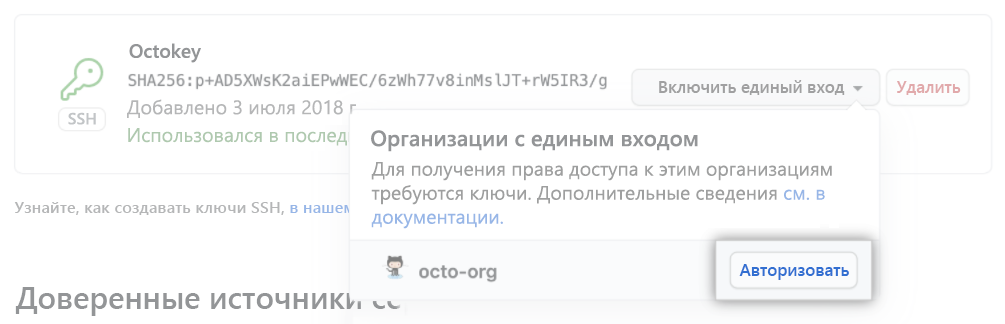 Снимок экрана: ключ SSH.