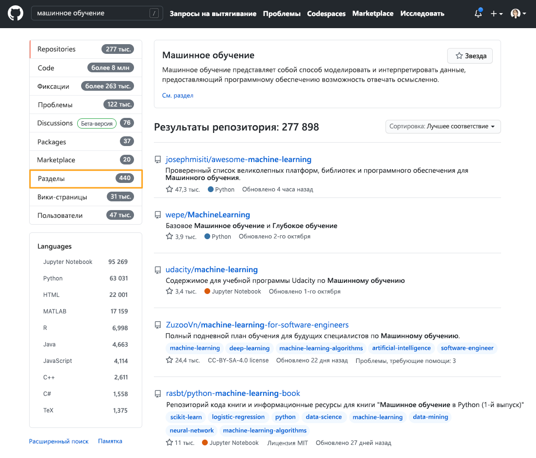 Снимок экрана: результаты узкого поиска GitHub.