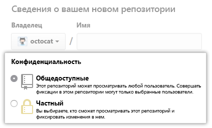Снимок экрана: новые параметры общедоступного или закрытого репозитория.