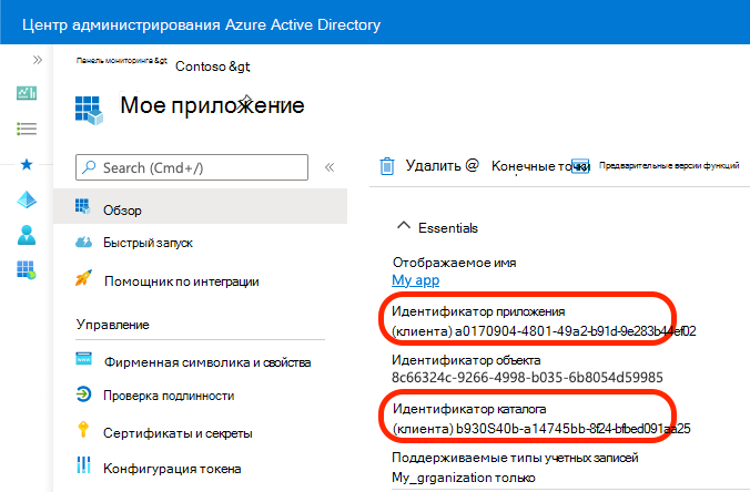Снимок экрана: копирование ИД приложения и каталога.