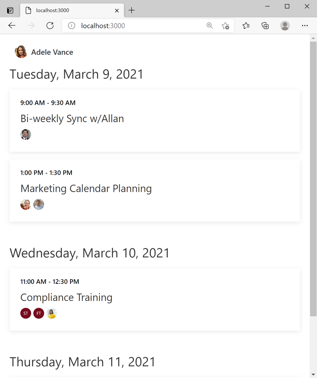 Поведение компонента Agenda с атрибутами в Microsoft Graph Toolkit.