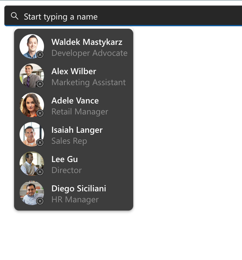 Снимок экрана: компонент Microsoft Graph Toolkit с темной темой.