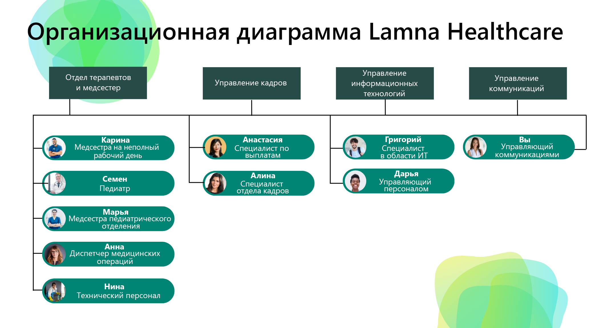 Схема упрощенной организационной диаграммы Lamna healthcare.