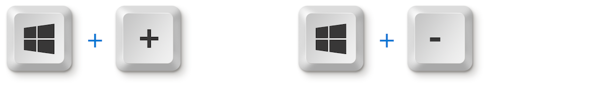 Изображение клавиш: слева — клавиша с логотипом Windows и + (плюс), справа — клавиша с логотипом Windows и – (минус).