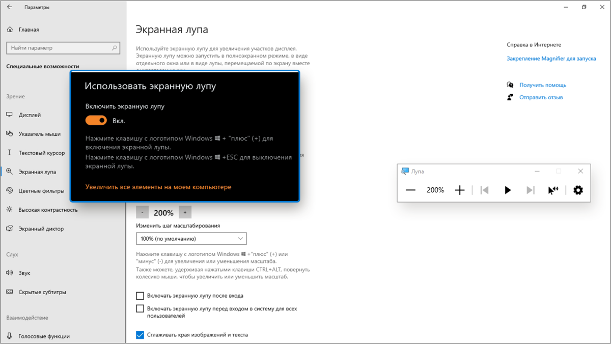Снимок экрана с открытым окном параметров Экранной лупы, интерфейсом программы, а также линзой с включенной инверсией цветов.