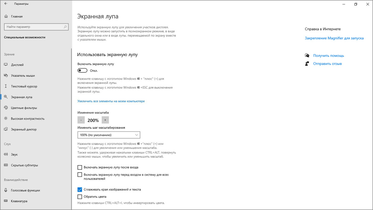 Снимок экрана с открытым окном параметров Экранной лупы.