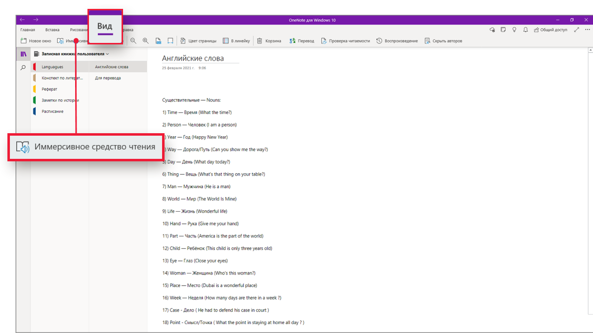 Снимок экрана с открытой записной книжкой в OneNote и выделенными вкладкой «Вид» и кнопкой «Иммерсивное средство чтения».