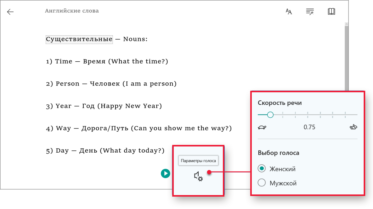 Снимок экрана с открытым Иммерсивным средством чтения в OneNote и выделенным разделом «Параметры голоса».