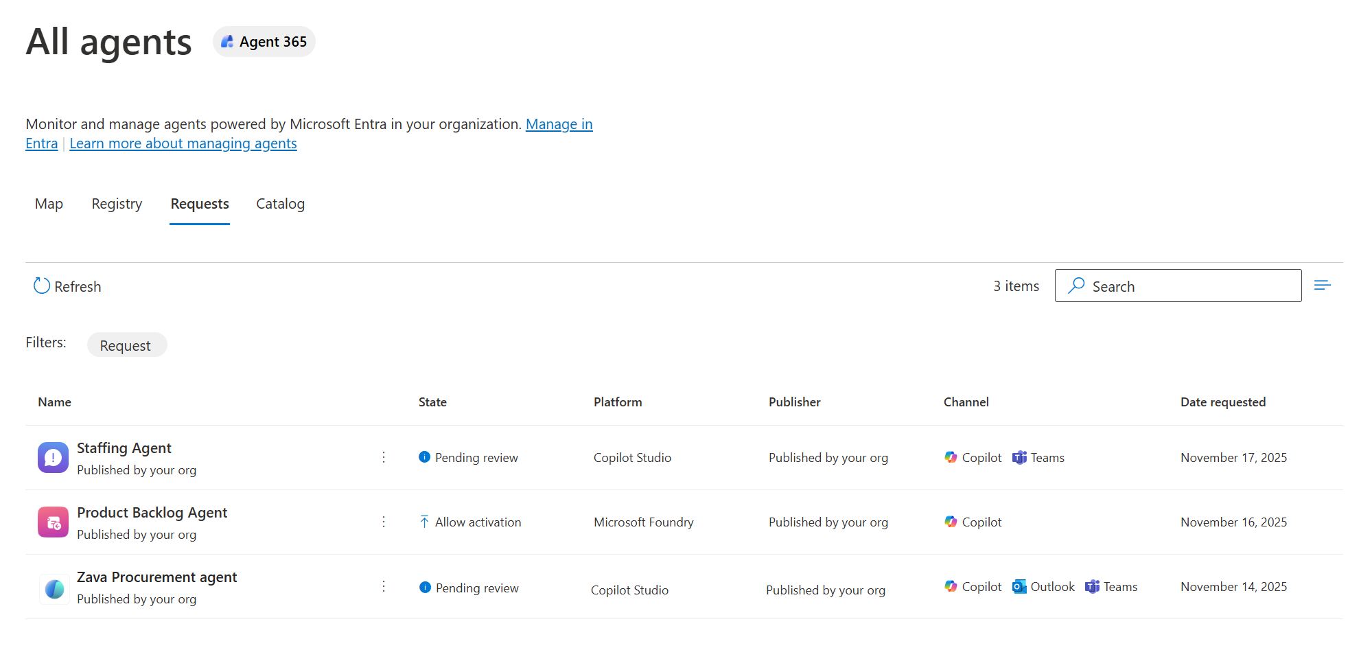 Screenshot of the Requests tab in the Agent Registry showing pending agent requests.