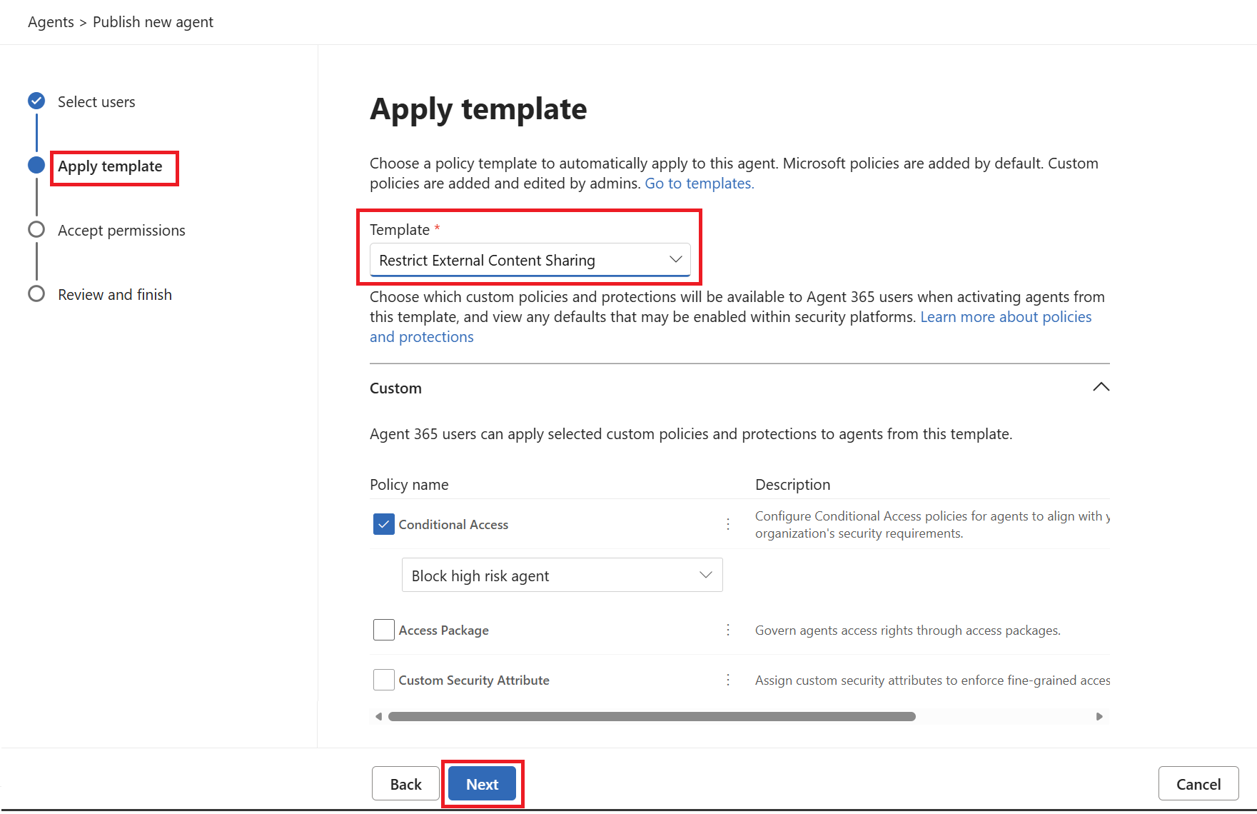 Screenshot of Restrict External Content Sharing policy template at the time of publishing the agent.