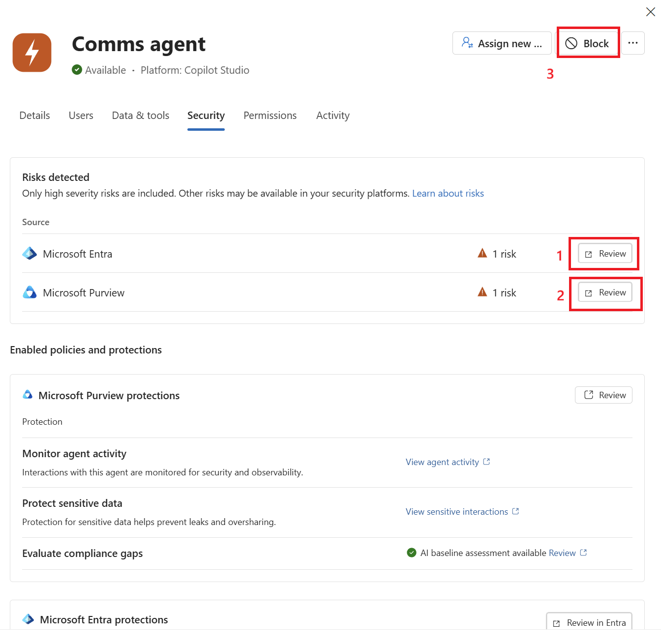 Screenshot showing the Security tab with risk and Block option.