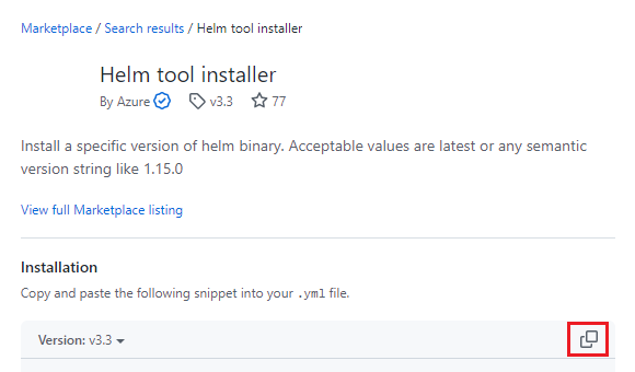 Screenshot that shows the copy function after selecting the Helm installer action.
