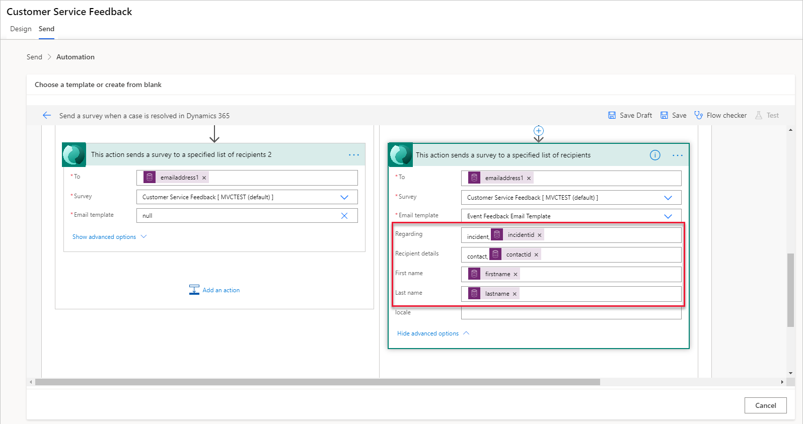 Power Automate flow with advanced options highlighted to show Regarding set to incident, incidentid; Recipient details set to contact, contactid; First name set to firstname; and Last name set to lastname.