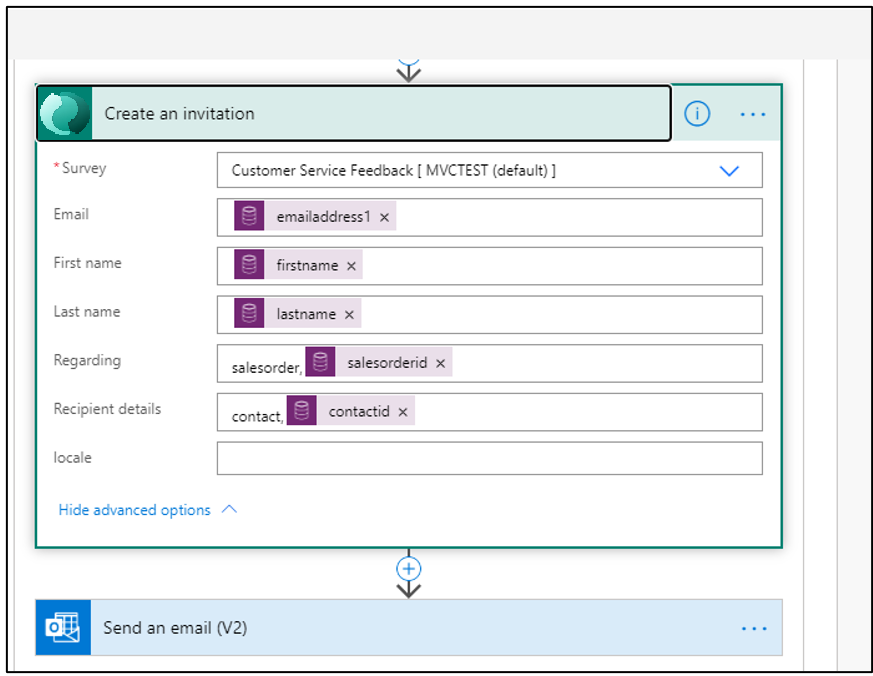 Flow invitation shows Create an invitation with the Customer Service Feedback survey selected, and data columns populating the Email, First name, Last name, Regarding, and Recipient details. The next step in the flow is Send an email (V2).