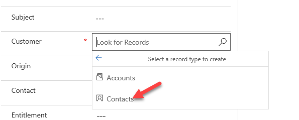 Case contact - screenshot shows the Customer dropdown with an arrow pointing to Contacts.