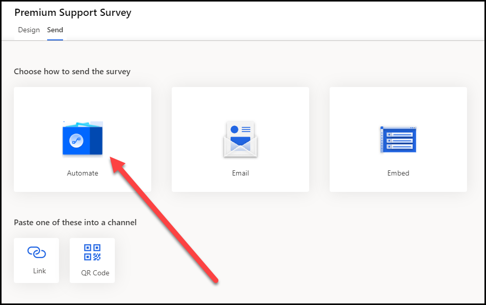 Premium Support Survey with the Send tab open. Under Choose how to send the survey, an arrow points to Automate.