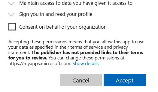 Permission dialog - > screenshot shows a checkbox for Consent on behalf of your organization.