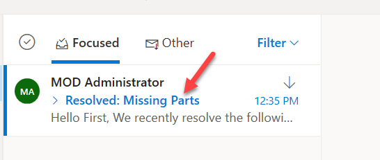 Email from flow - screenshot shows an arrow pointing to Resolved: Missing Parts email title.