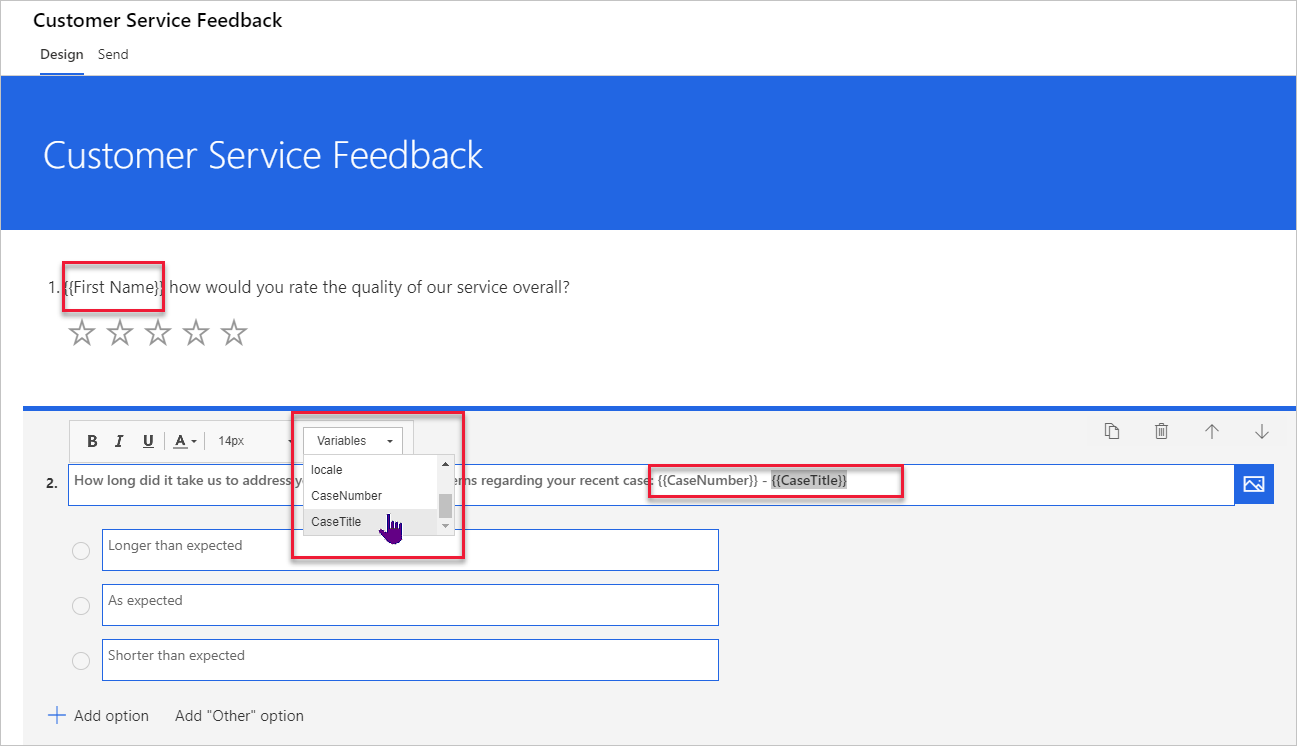 A screenshot showing building a survey with variables in Customer Voice.