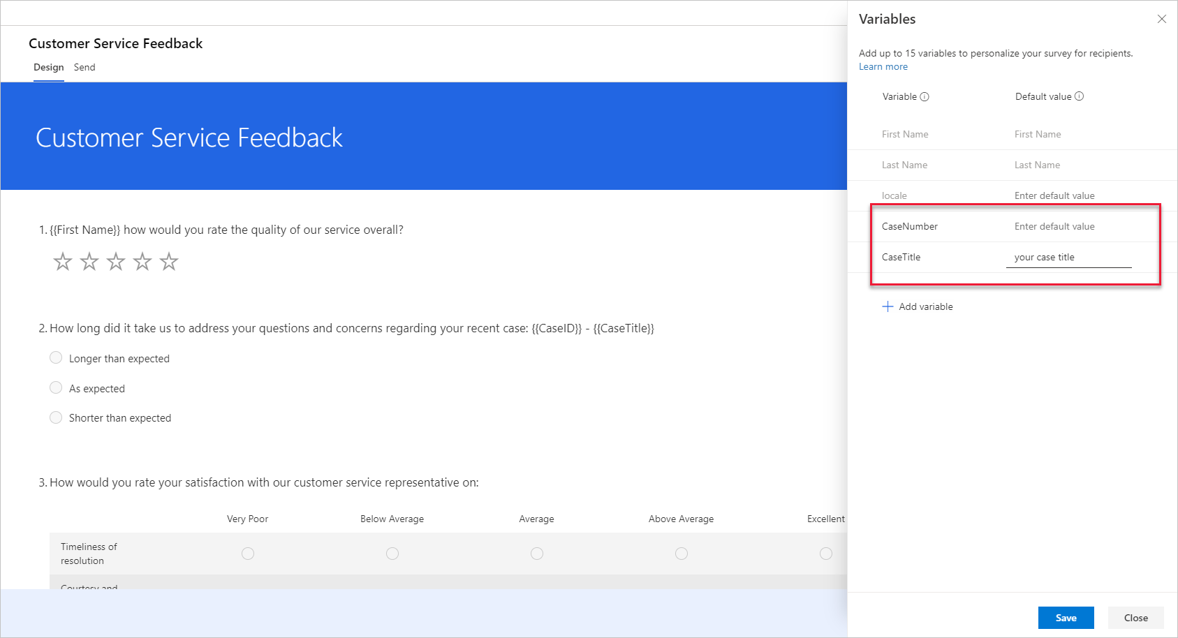 A survey using variables CaseNumber and CaseTitle.
