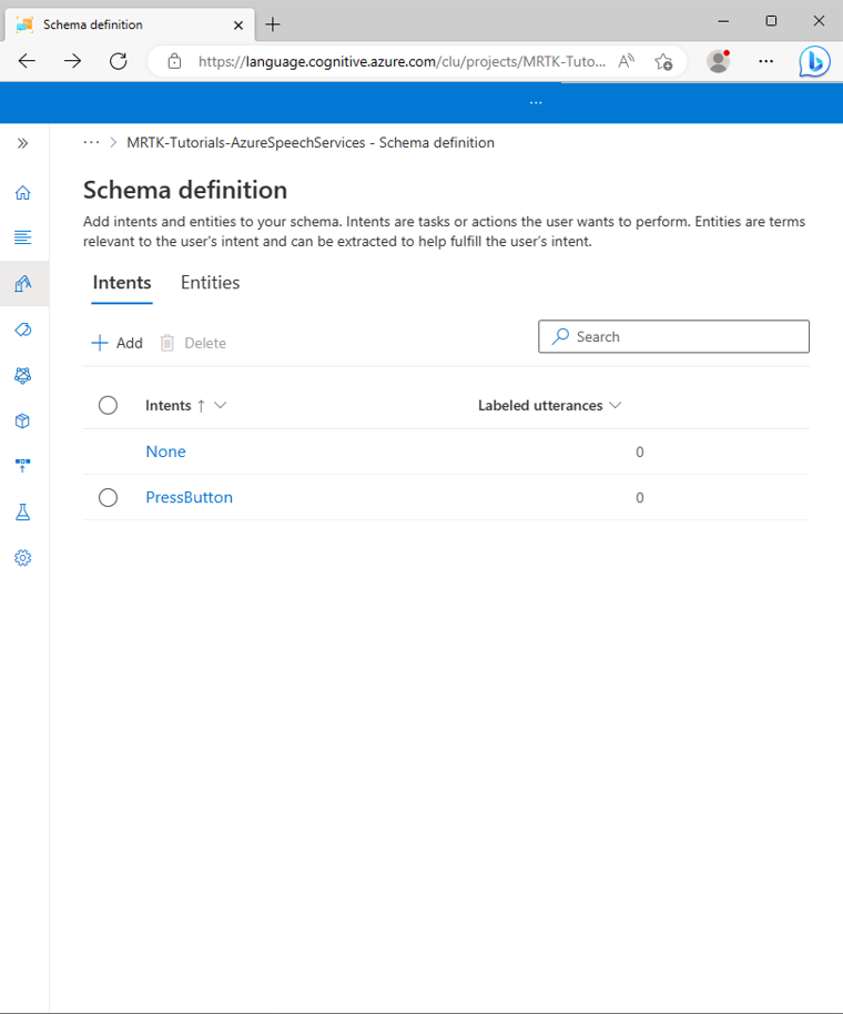 Screenshot of the list of Intents.