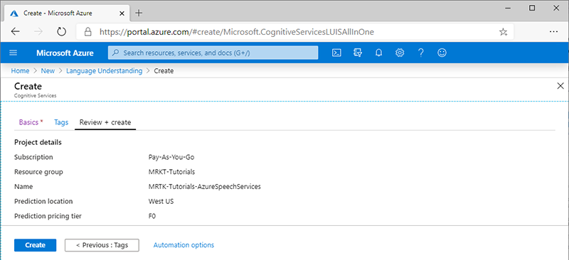 Screenshot of the Review + Create screen.