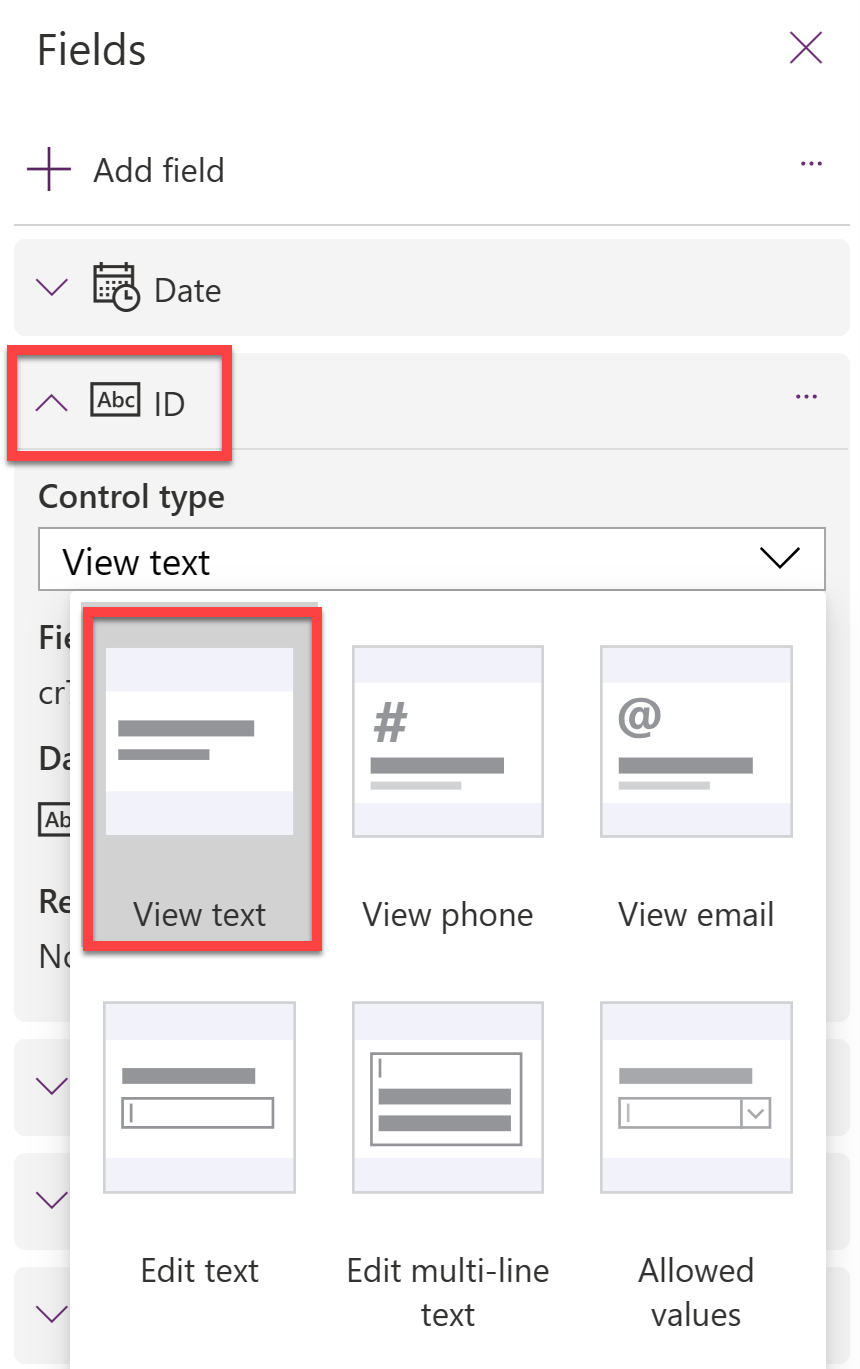 Screenshot showing the action of changing the ID control type to View text.