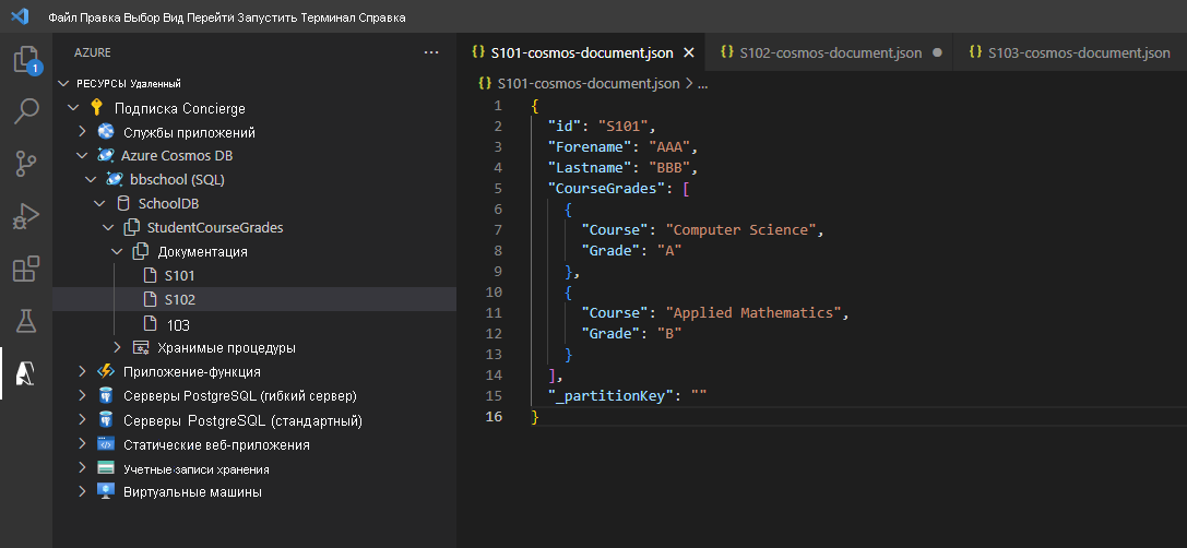 Screenshot of the Azure Databases extension in Visual Studio Code as user right-clicks on the Documents node for a contextual menu to create a new document.