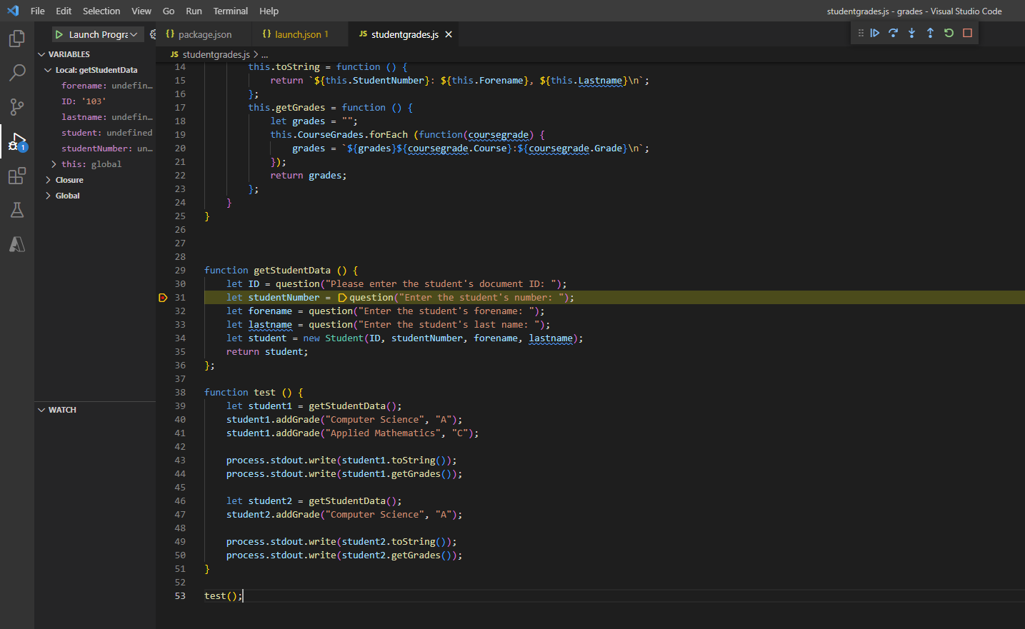 Screenshot of the Visual Studio Code debugger in action pausing at a breakpoint on some sample JavaScript code.