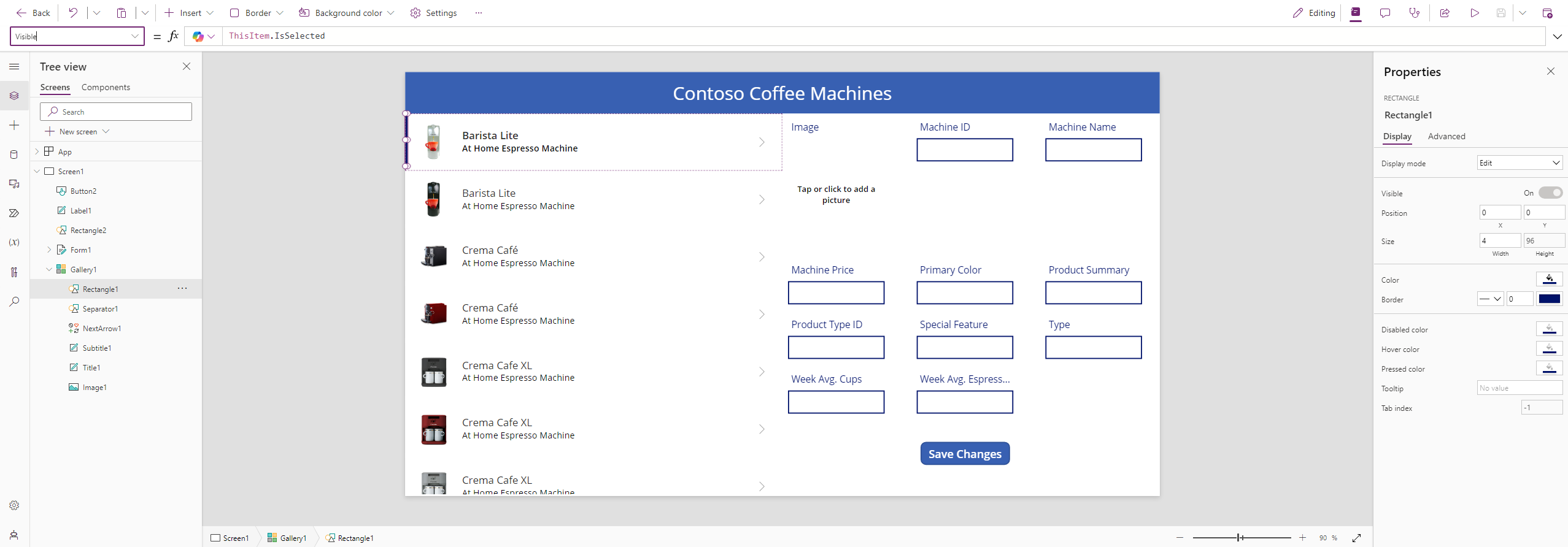 Screenshot of gallergy controls and properties.