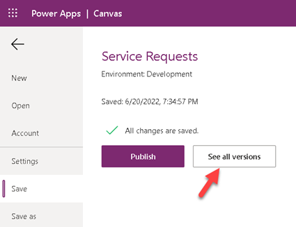 Screenshot of the Save page in Power Apps, showing the See all versions button.