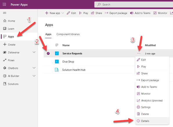 Screenshot of Power Apps, showing the Apps page with the app selected, the More Commands menu selected, and the Details option highlighted.