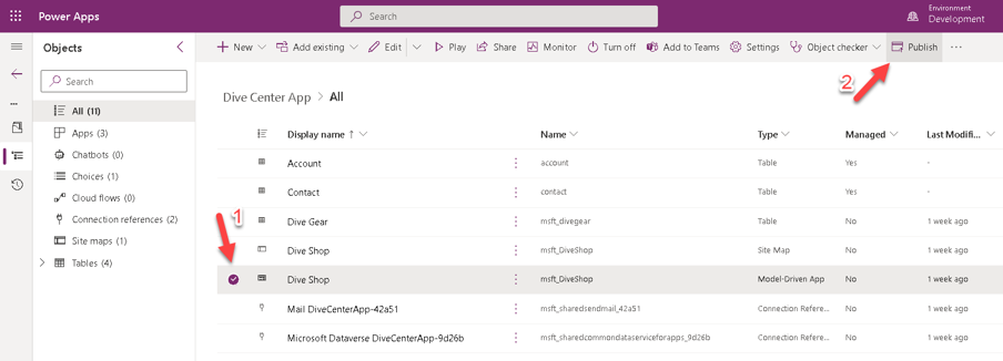 Screenshot of Power Apps with the solution selected and the Publish option highlighted.