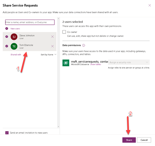 Screenshot of the Share Service Requests dialog with people selected and the Share button highlighted.