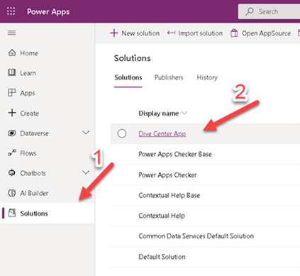 Screenshot of the Soltions page in Power Apps, highlighting the Dive Center App solution.