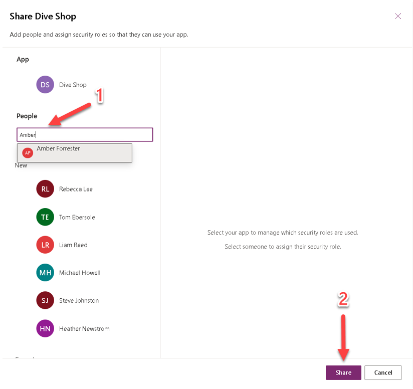 Screenshot of the Share dialog, with the People search filled in and the Share option highlighted.