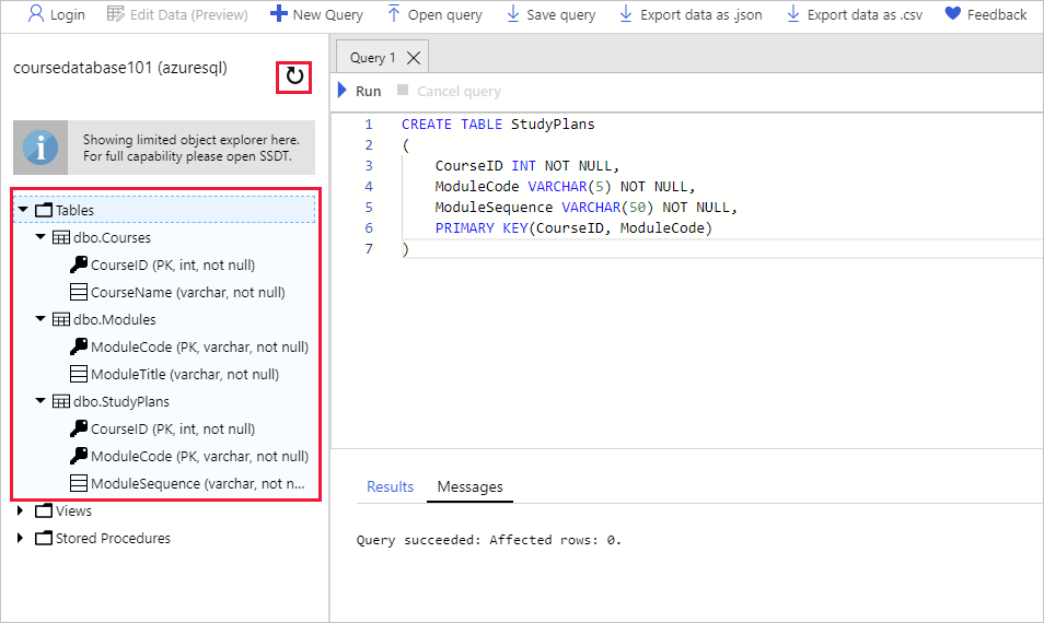 The database window in the Azure portal, showing the tables and columns.