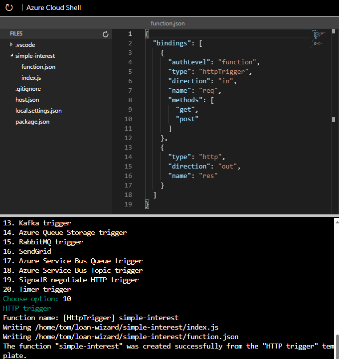 Screenshot showing the simple-interest folder with the function.json file open in Cloud Shell code editor.