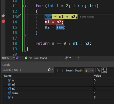 Снимок экрана: процесс отладки в Visual&nbsp;Studio.