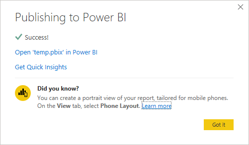 Снимок сообщения об успехе публикации Power BI .
