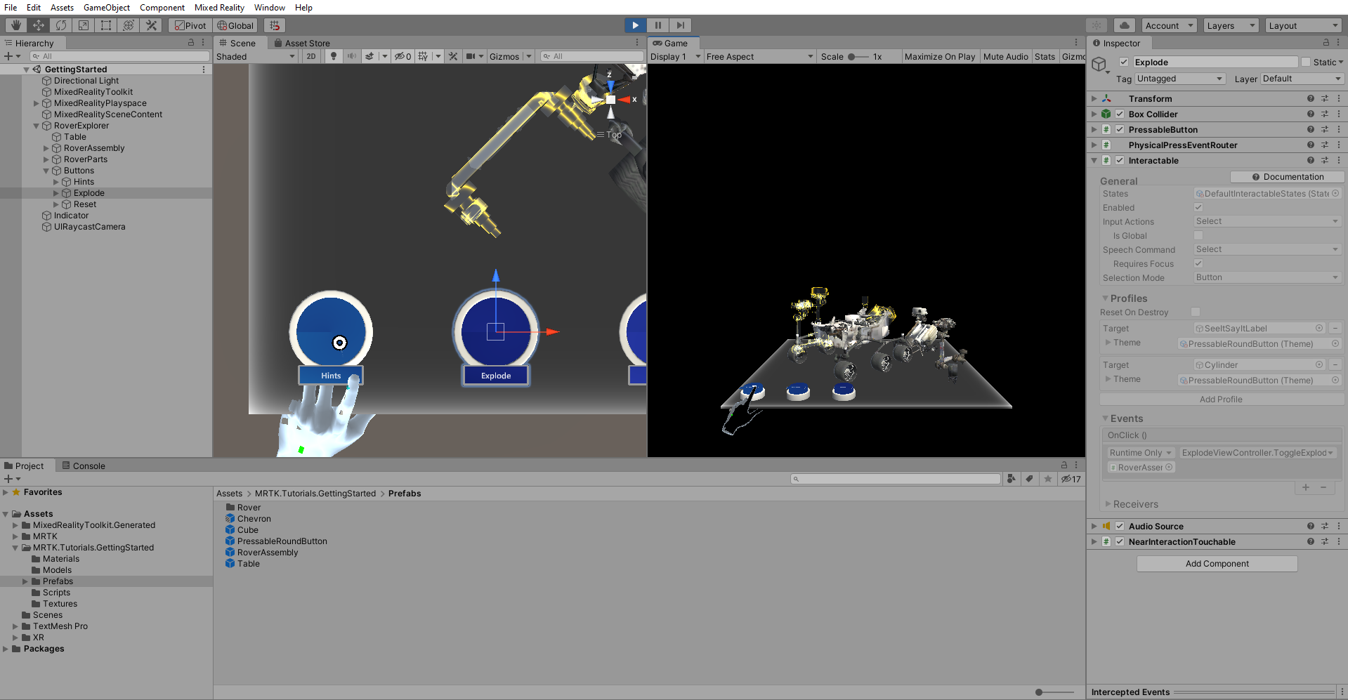 Screenshot of Unity Play mode split view with Hints button being pressed.