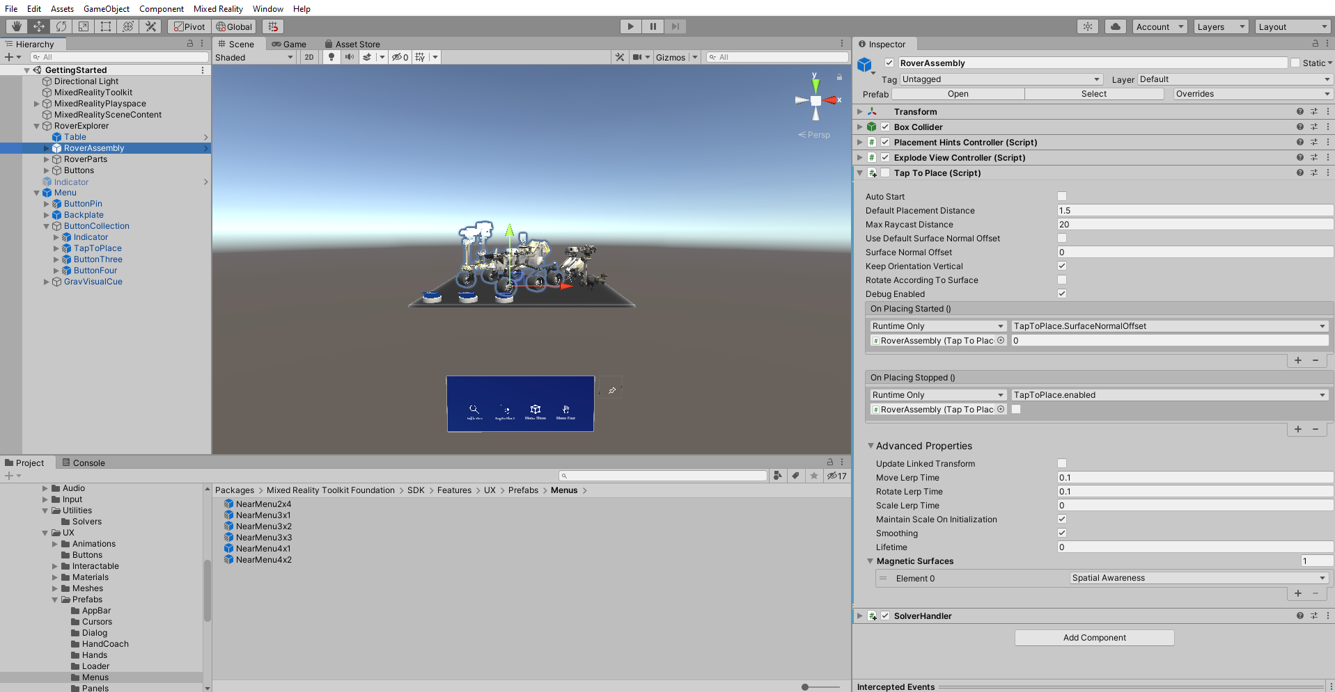 Screenshot of Unity with TapToPlace component reconfigured.