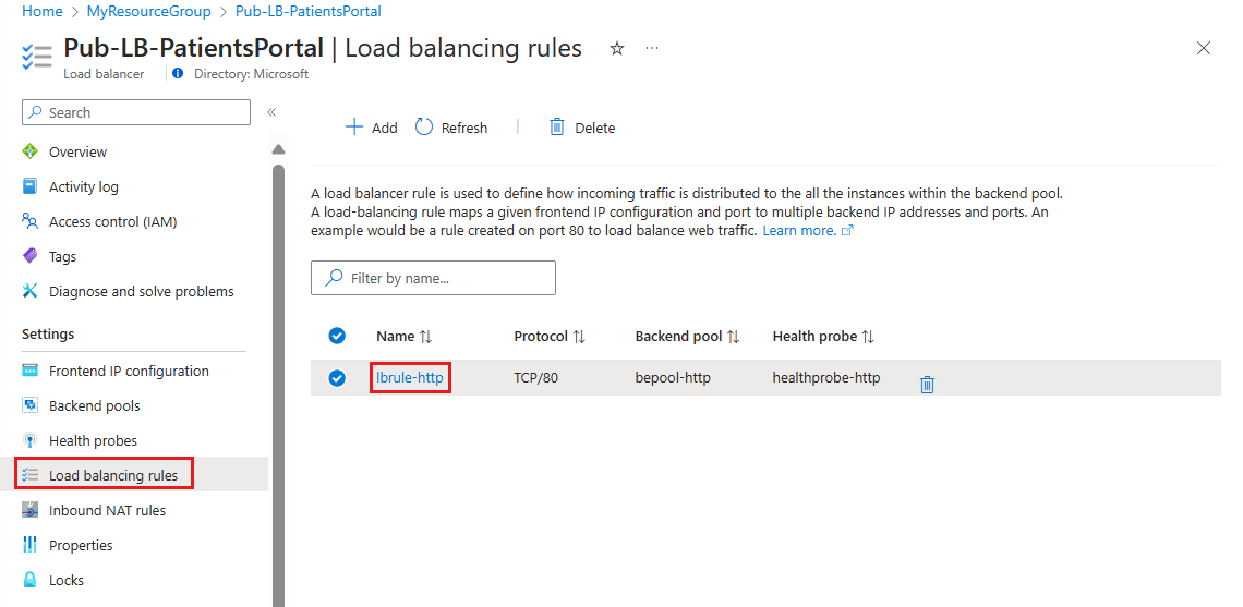 Screenshot showing how to select a load balancing rule in the Azure portal.