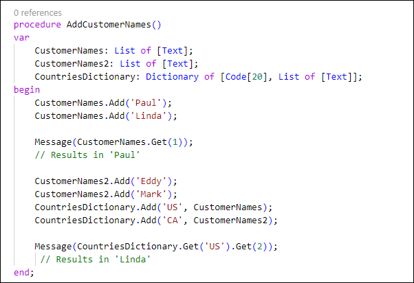 Example displaying a Dictionary data type.