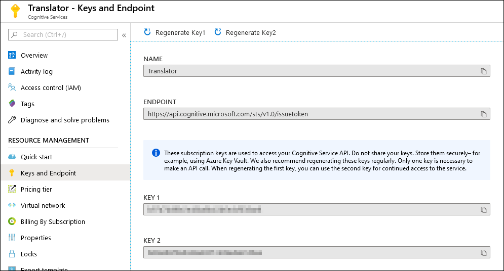 Screenshot of the Translator - Keys and Endpoint page.
