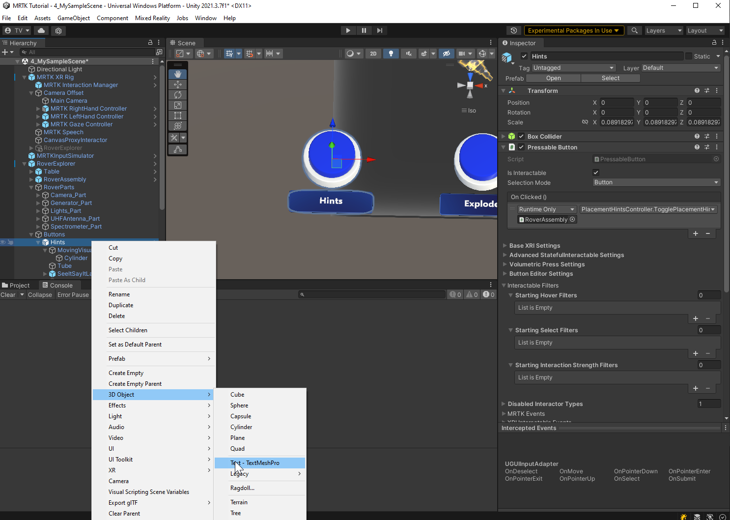 Screenshot of Unity with Hints Button text object selected and EyeTrackingTarget component configured.