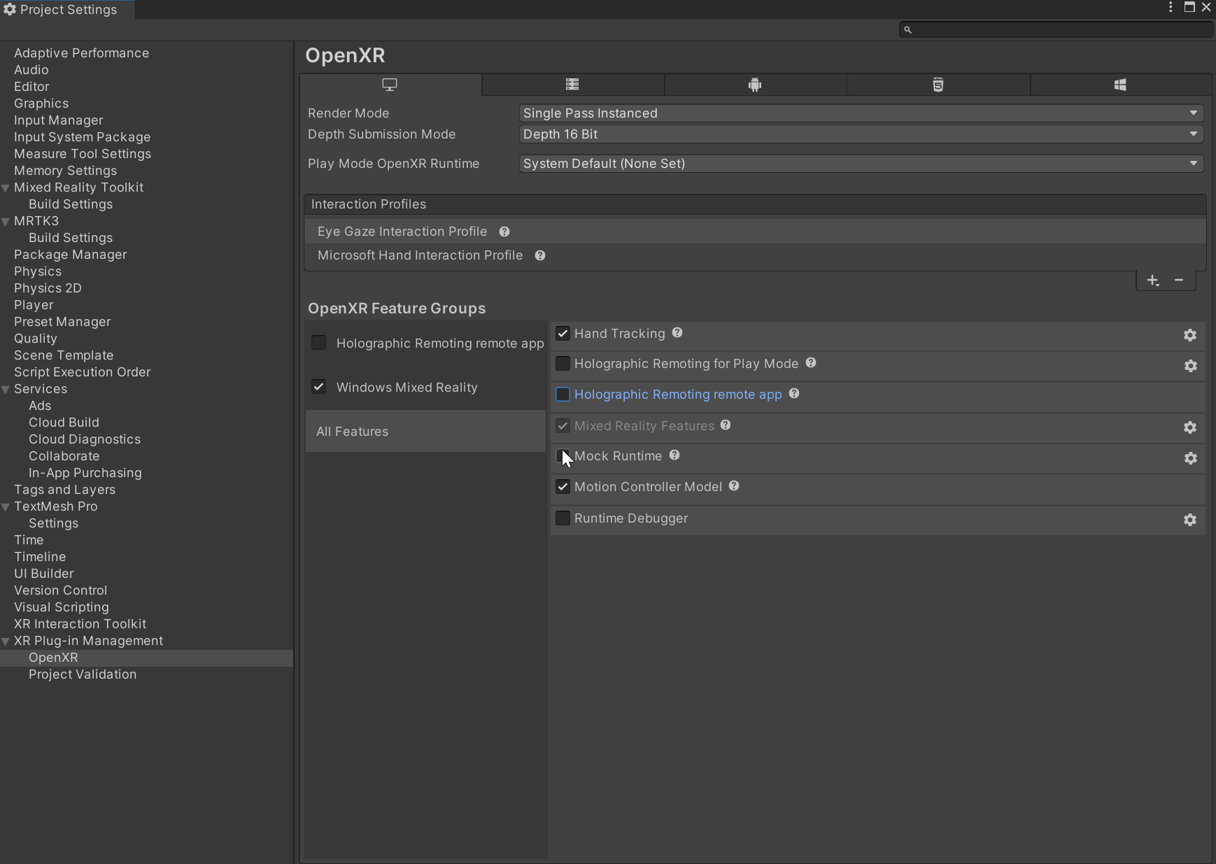 Screenshot of the eye-gaze interaction profile in the OpenXR menu.